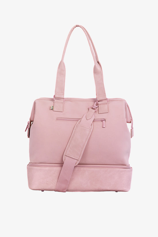 pink mini weekender bag with shoulder strap